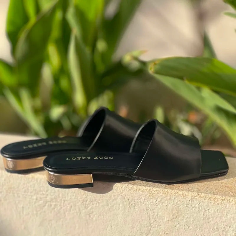Mules Noires en Cuir Mat à Talon Doré F2