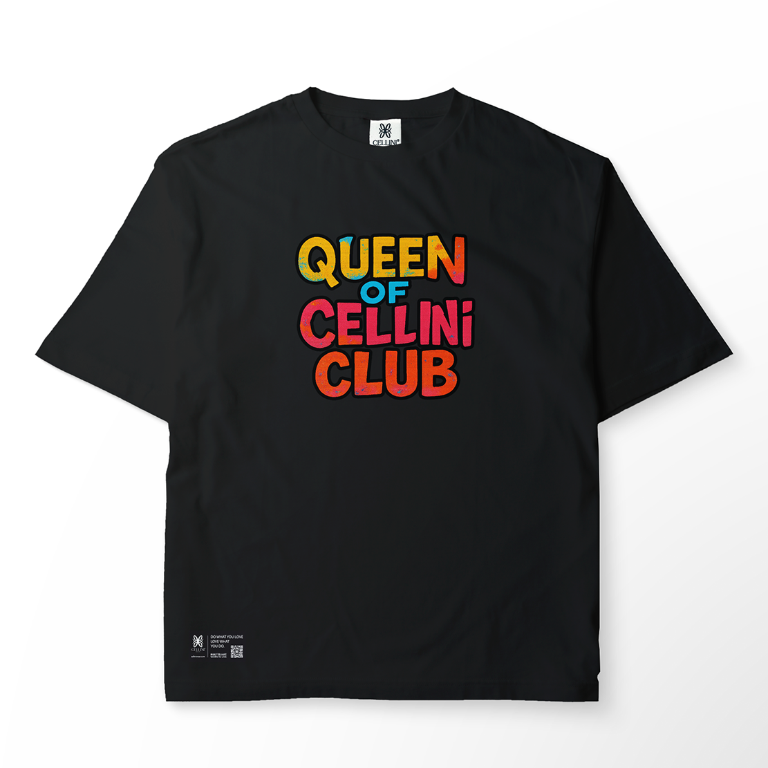 T-shirt oversize noir "QUEEN OF CELLINI CLUB" – Mona Lisa street pop-art