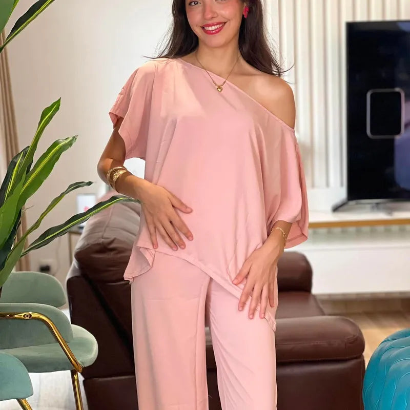 Ensemble Rania 2 Pièces — Haut Asymétrique & Pantalon Fluide
