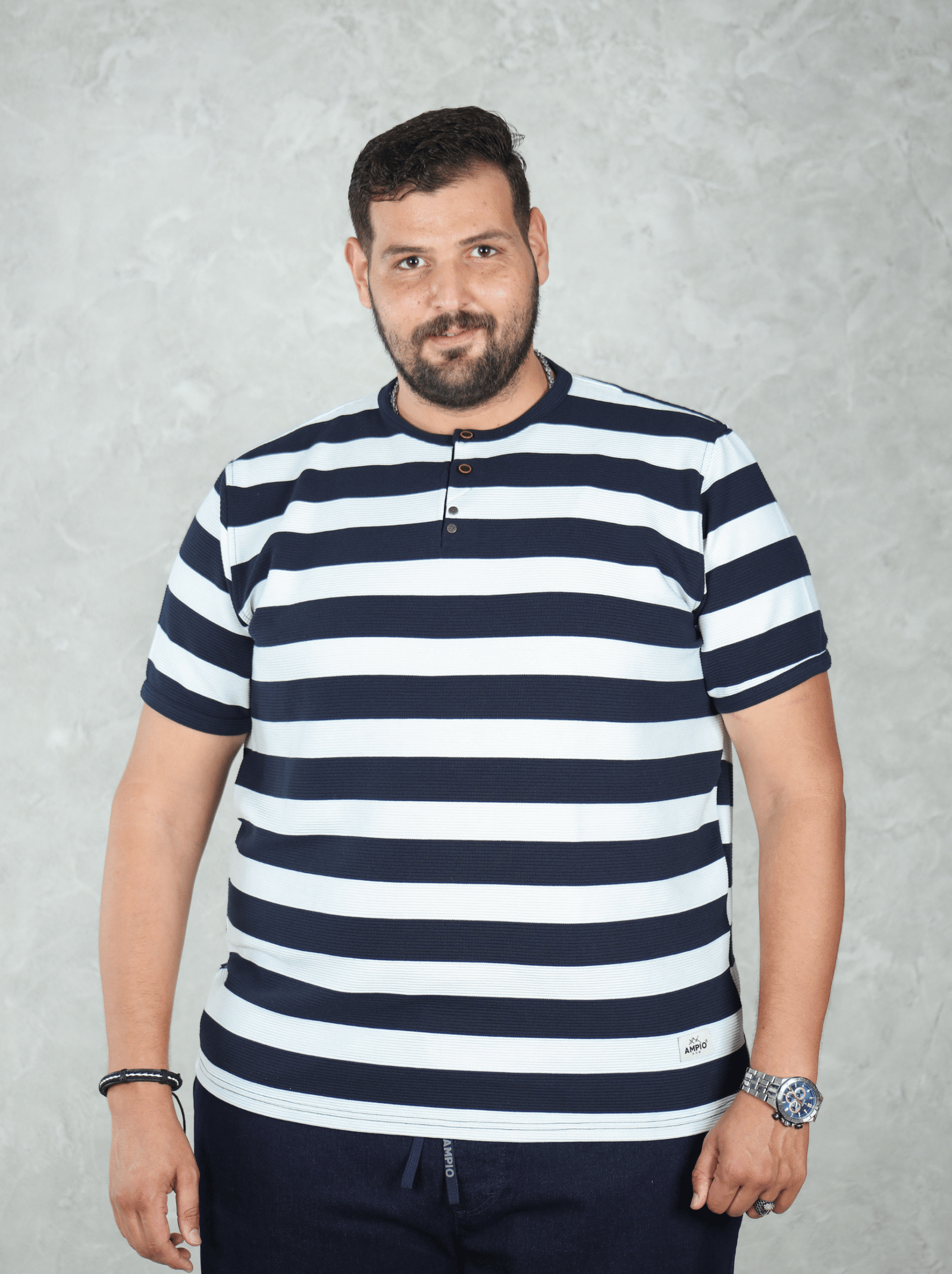 T-shirt Henley Marine Rayé Blanc