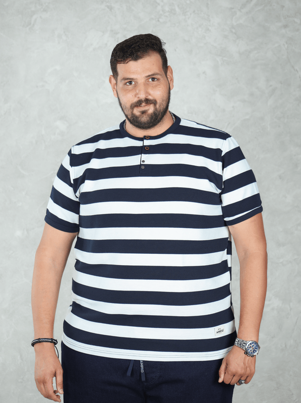 T-shirt Henley Marine Rayé Blanc