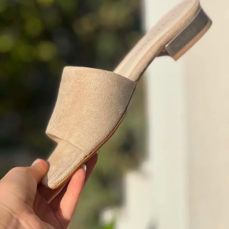 Mules Suédine Beige Crème à Talon Doré F2