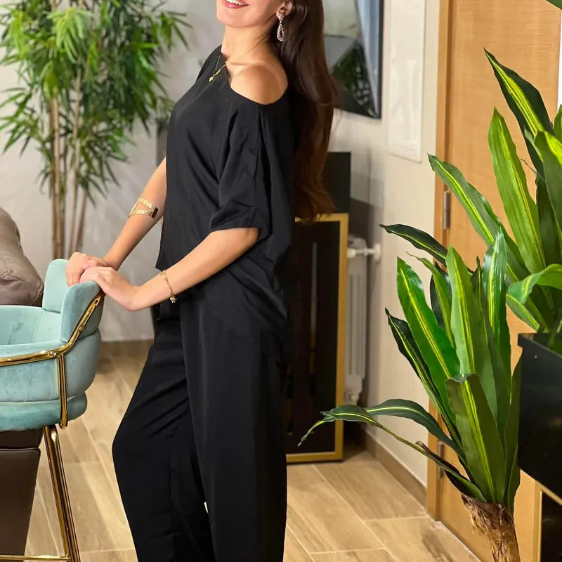 Ensemble Rania 2 Pièces — Haut Asymétrique & Pantalon Fluide