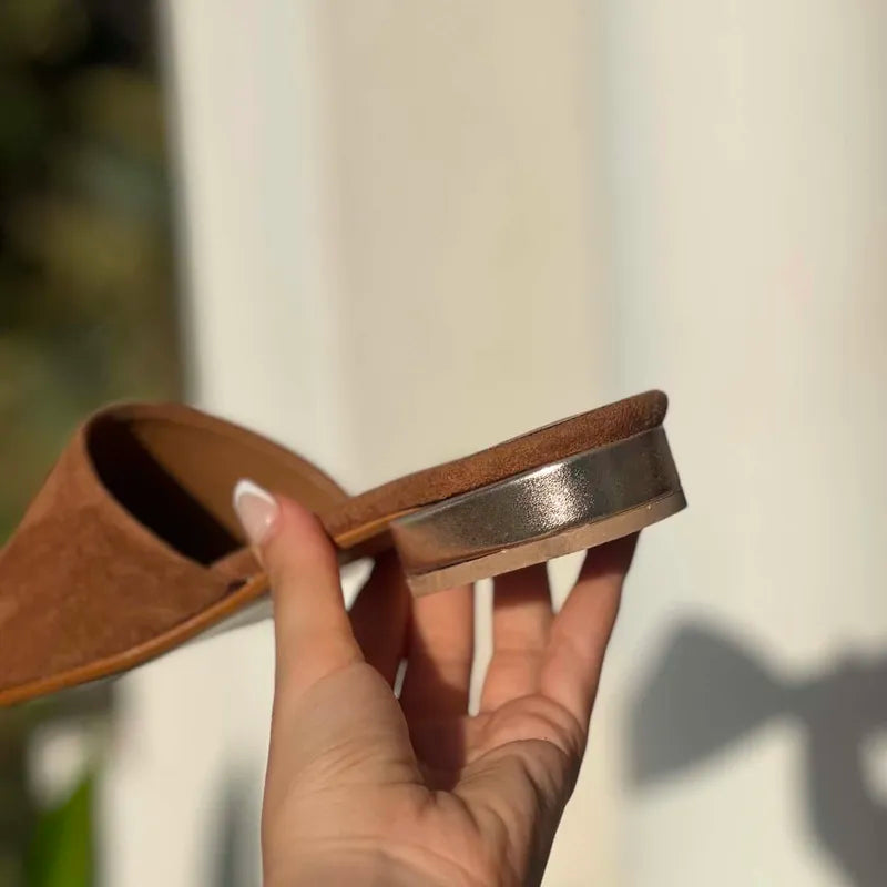 Mules Suédine Camel à Talon Doré F2