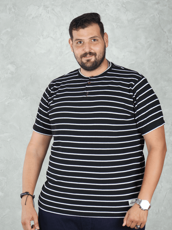 T-SHIRT HENLEY Noir Rayé Blanc