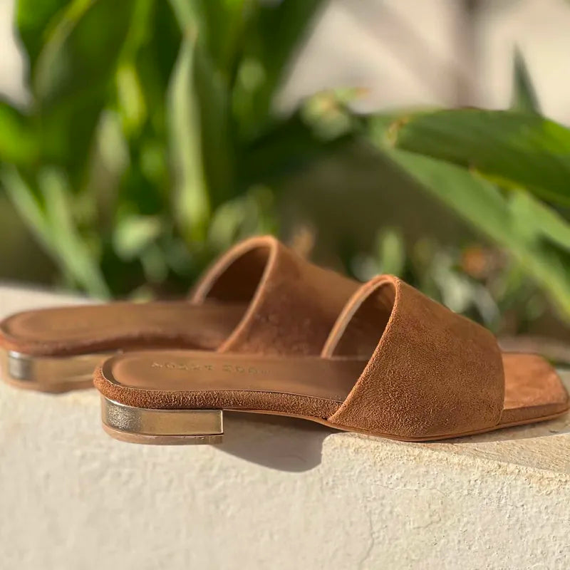 Mules Suédine Camel à Talon Doré F2