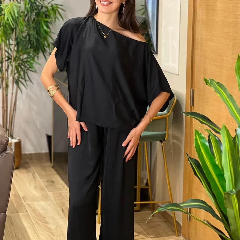 Ensemble Rania 2 Pièces — Haut Asymétrique & Pantalon Fluide