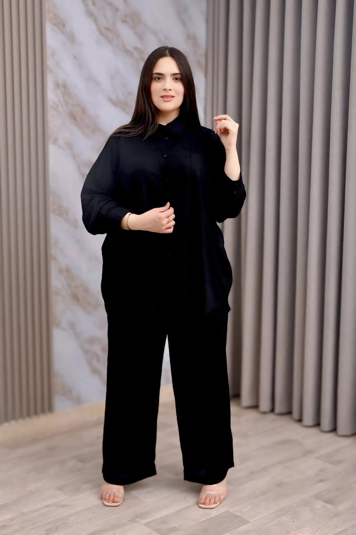 Pantalon Large en Mélange de Lin Noir
