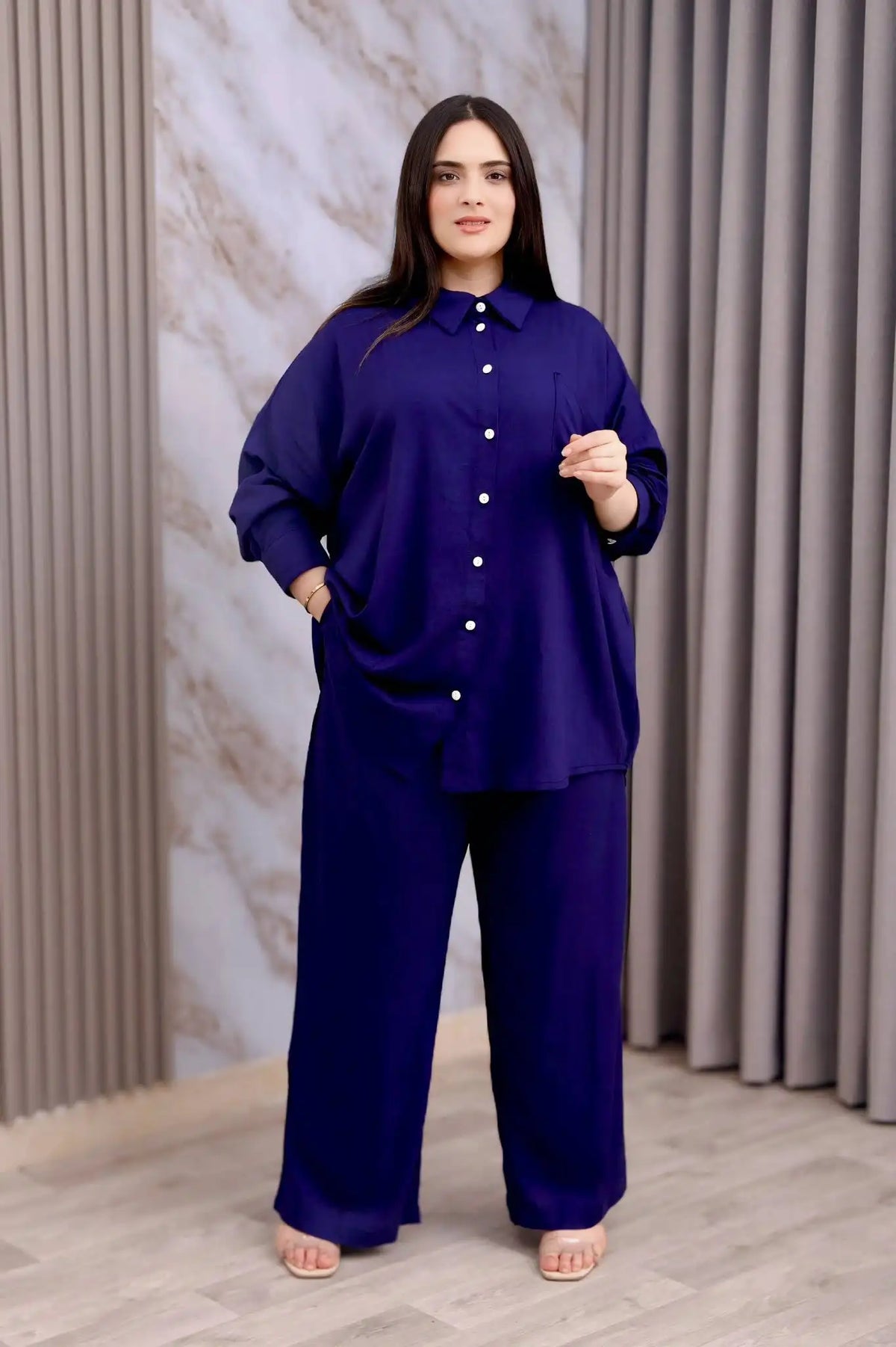 Pantalon Large en Mélange de Lin Bleu Marine