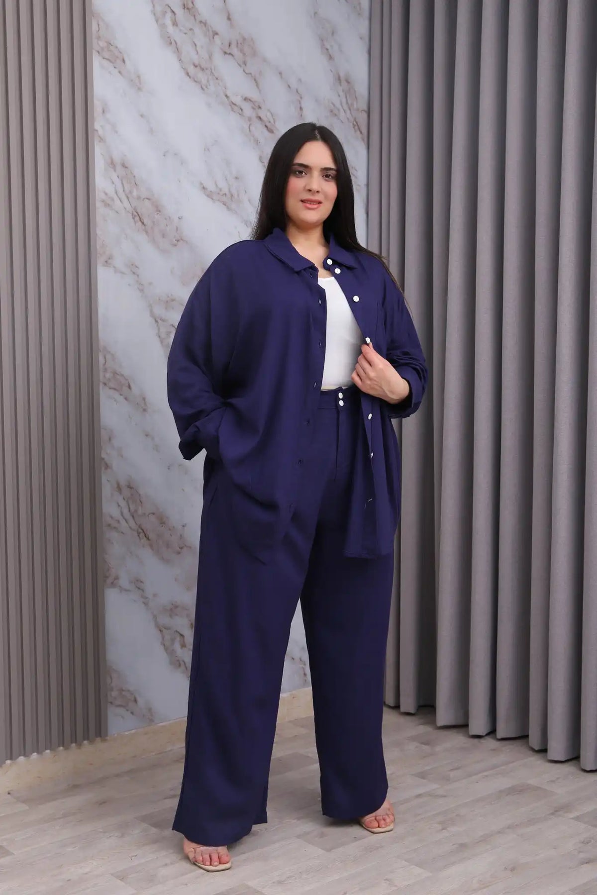 Pantalon Large en Mélange de Lin Bleu Marine
