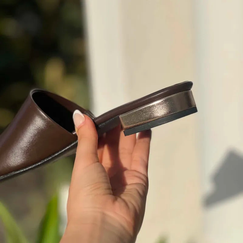 Mules Marron Chocolat en Cuir Mat à Talon Doré F2