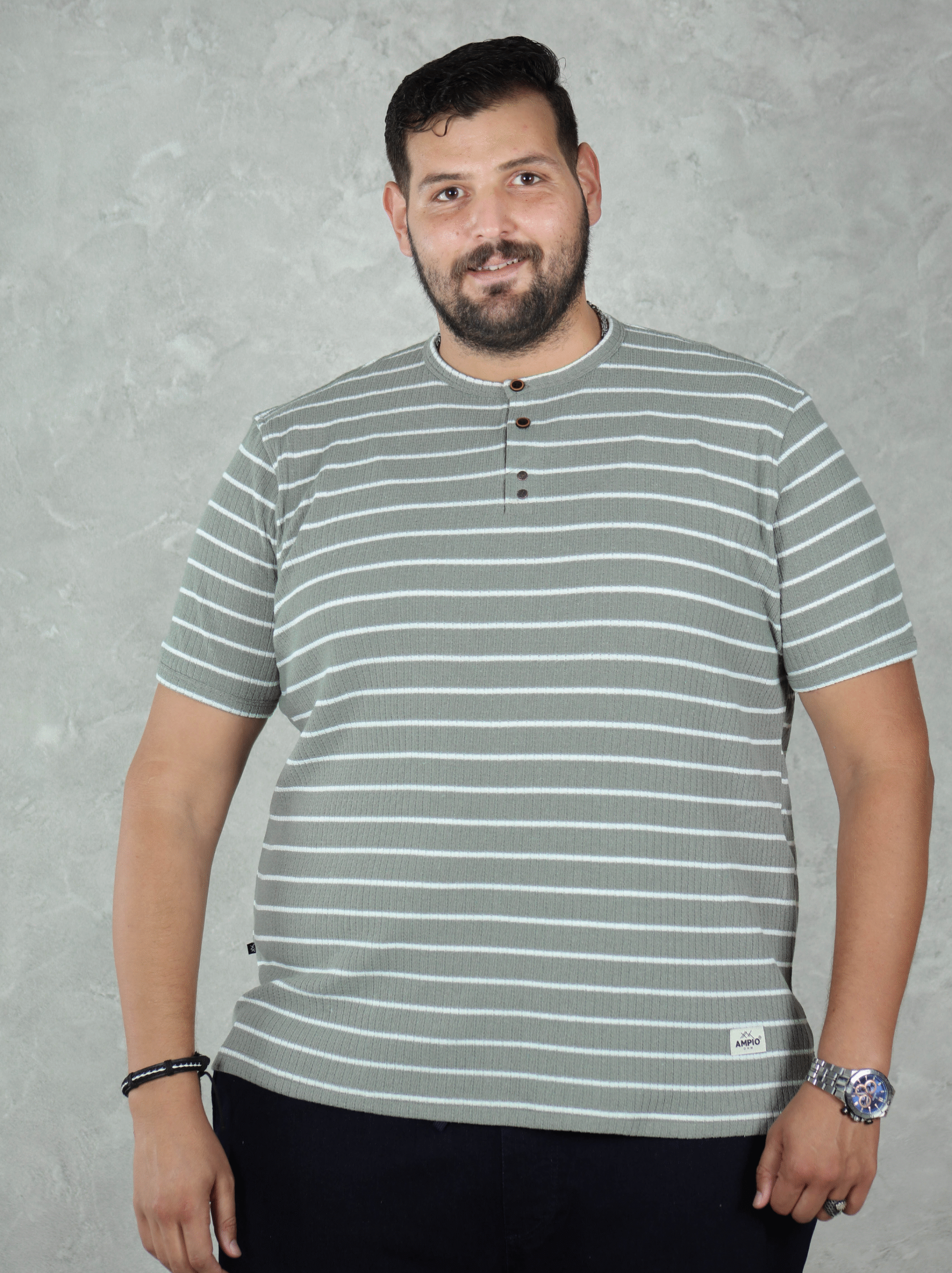 T-SHIRT HENLEY Vert Rayé Blanc