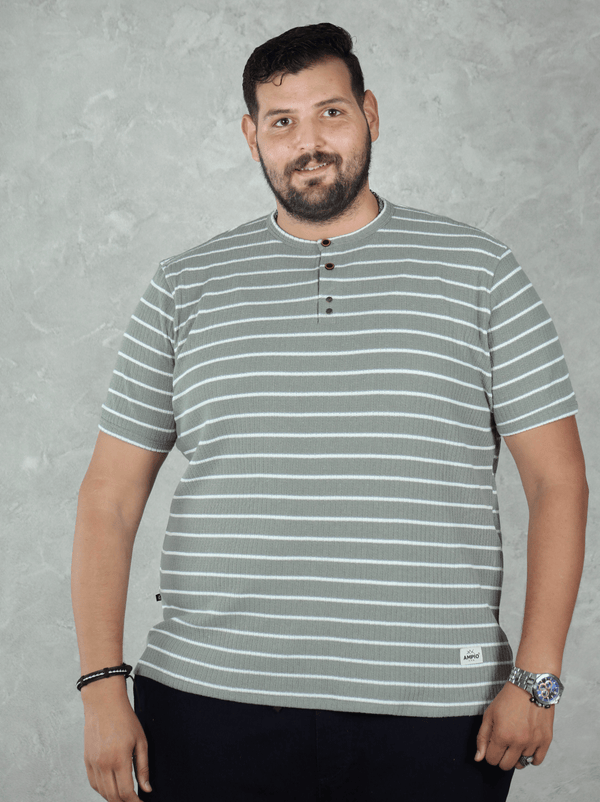 T-SHIRT HENLEY Vert Rayé Blanc