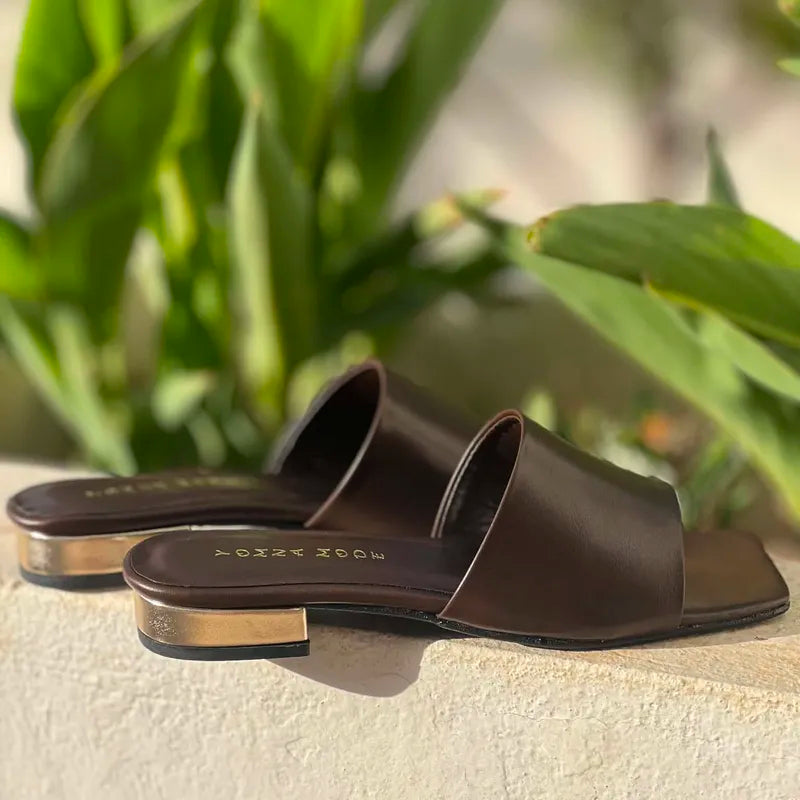 Mules Marron Chocolat en Cuir Mat à Talon Doré F2