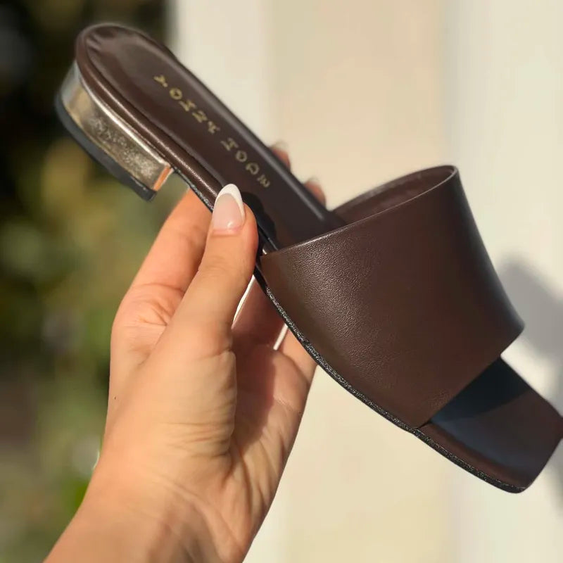 Mules Marron Chocolat en Cuir Mat à Talon Doré F2