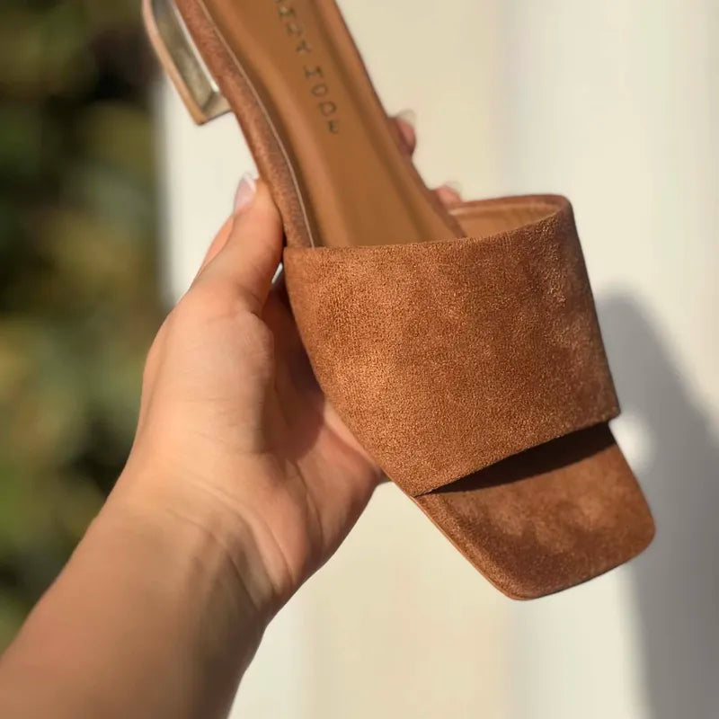 Mules Suédine Camel à Talon Doré F2