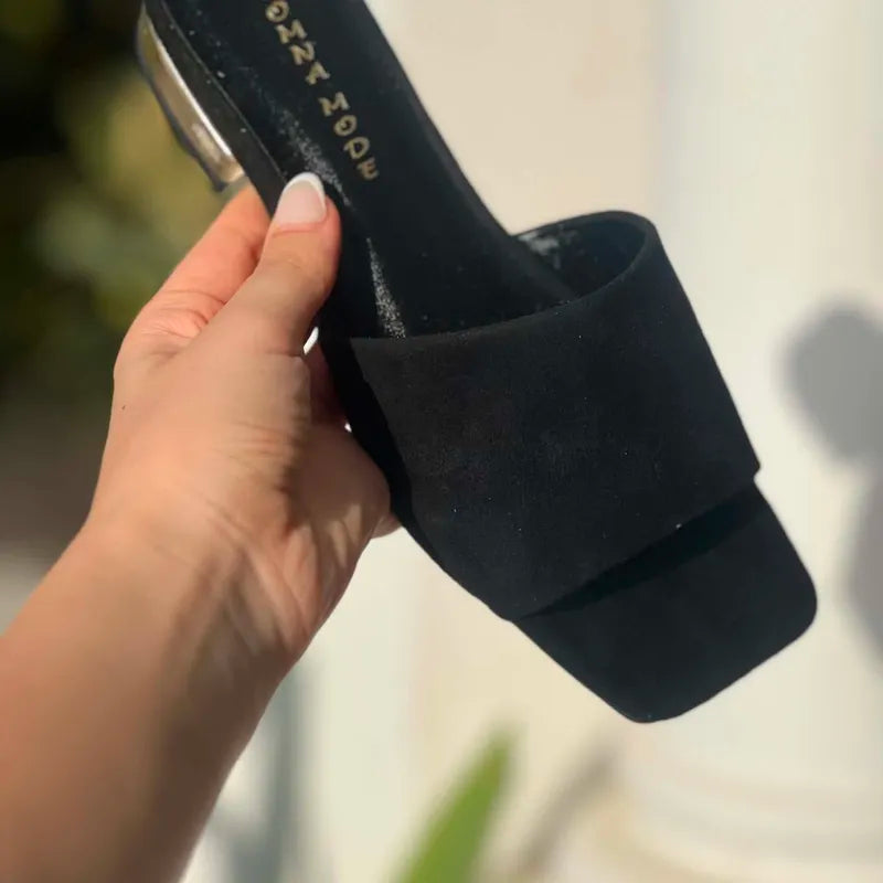 Mules Suédine Noires à Talon Doré F2
