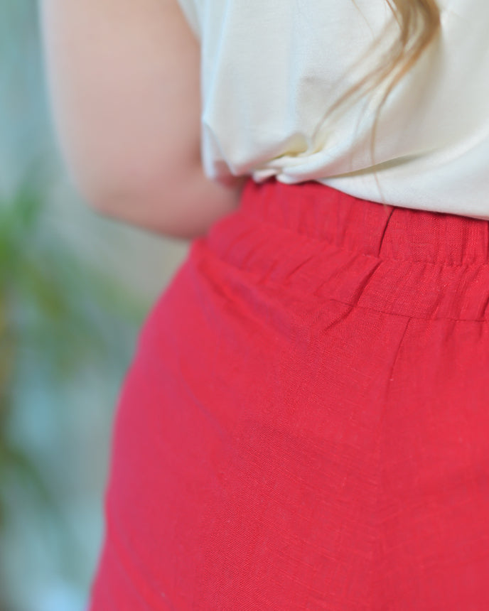 Pantalon Large en Mélange de Lin Rouge