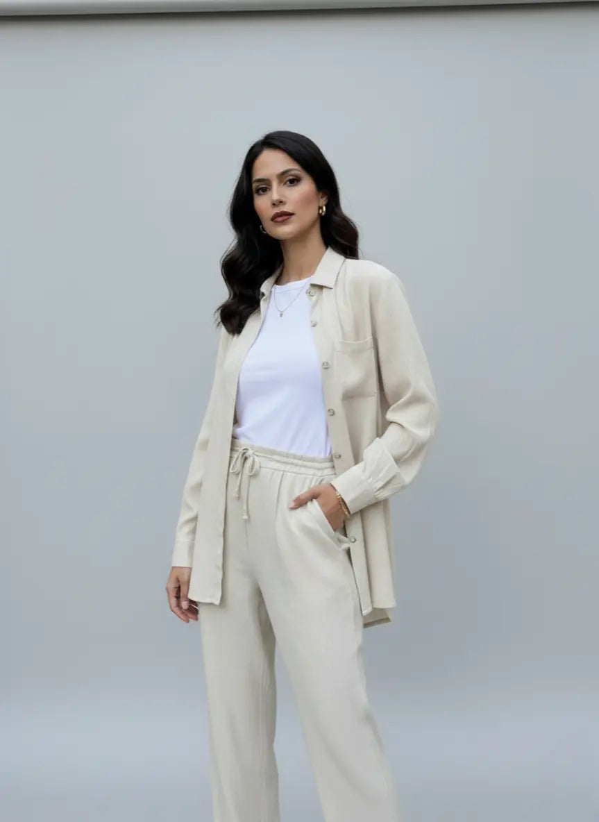 Ensemble Femme en Lin Beige Naturel  – Chemise Manches Longues et Pantalon Large