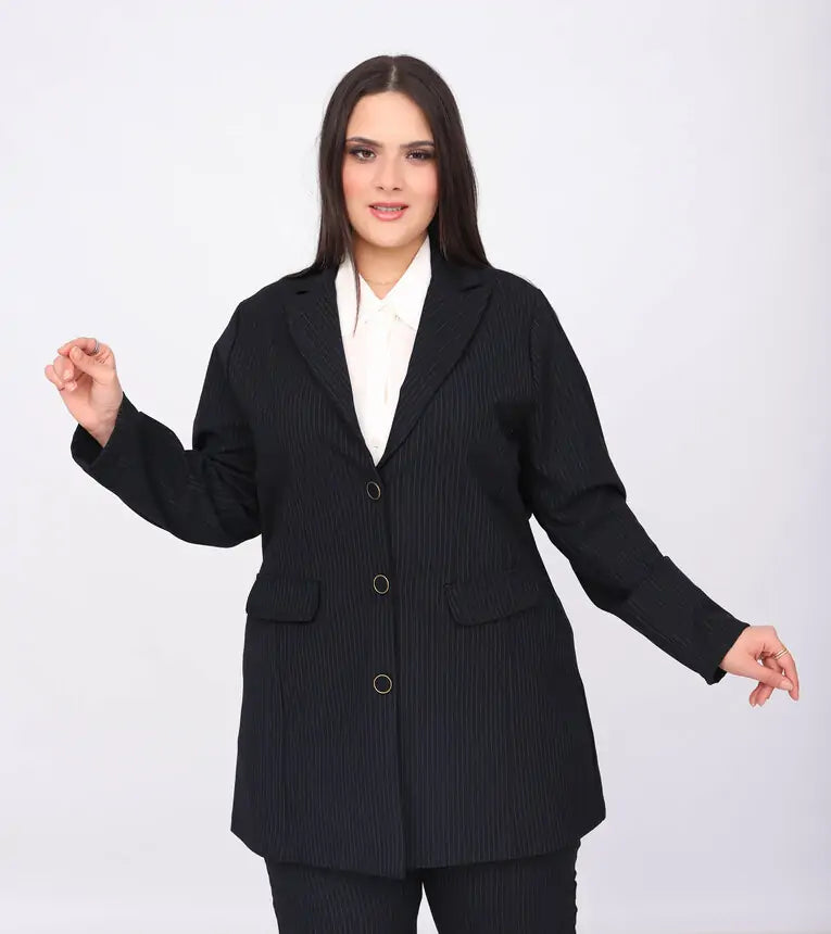 Blazer Cintré Noir à Rayures Fines