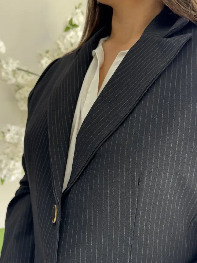 Blazer Cintré Noir à Rayures Fines