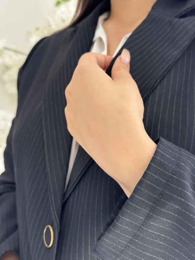 Blazer Cintré Noir à Rayures Fines