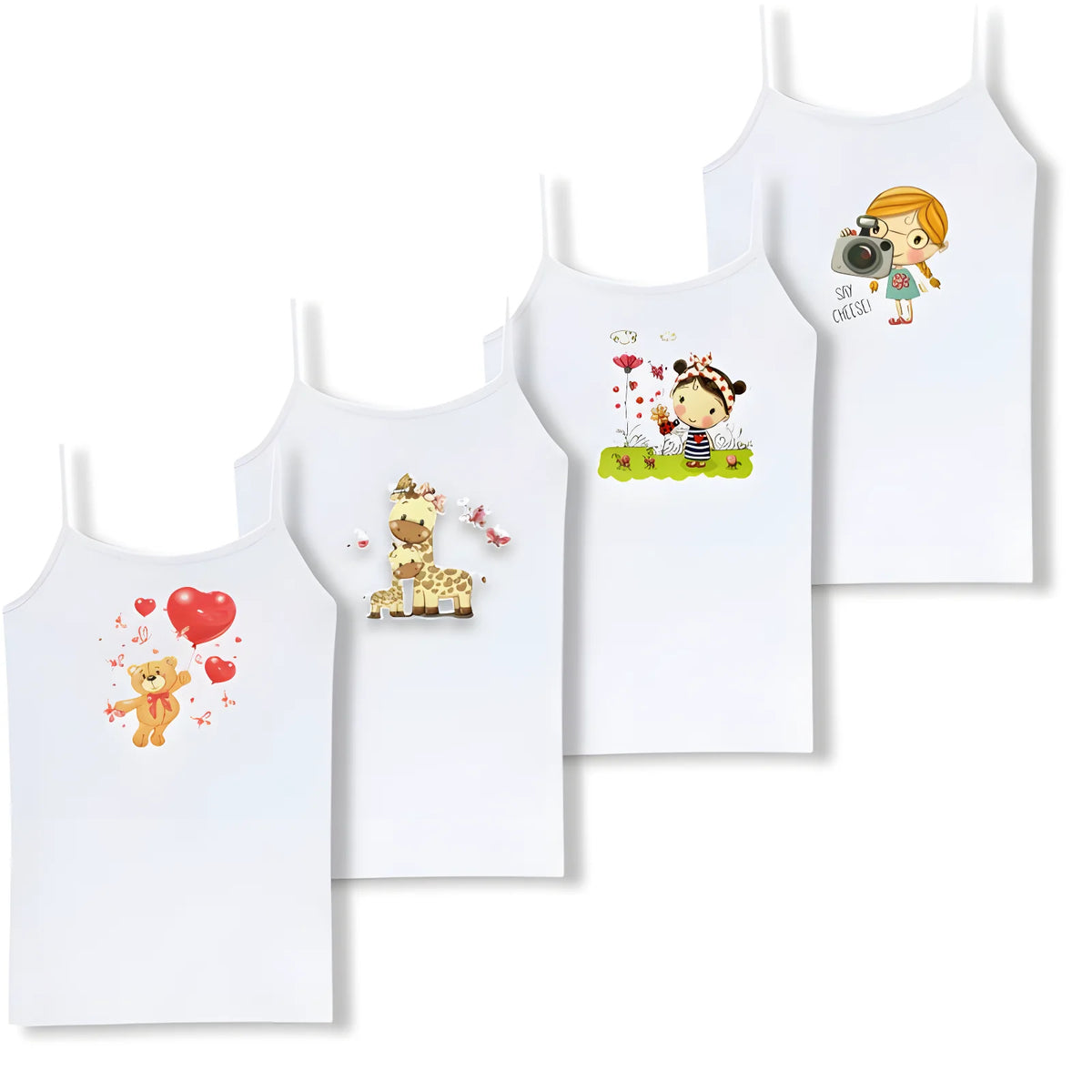 Pack 4 Débardeurs Fille Blanc Imprimés Dessins Animés