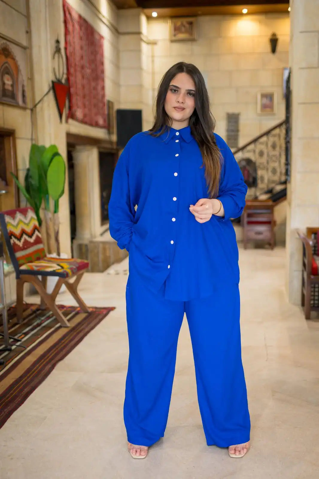 Pantalon Large en Mélange de Lin Bleu Électrique