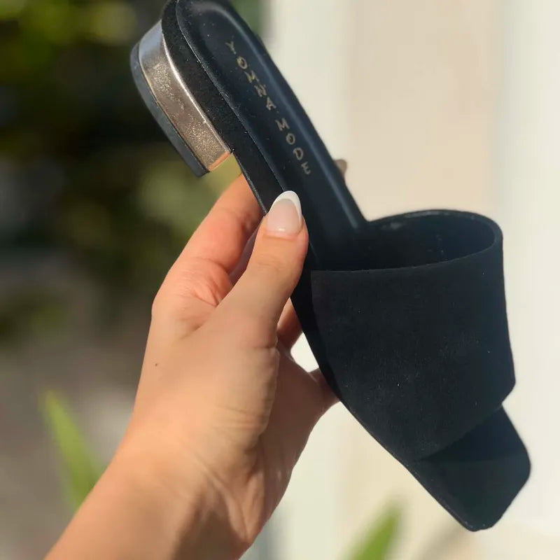 Mules Suédine Noires à Talon Doré F2