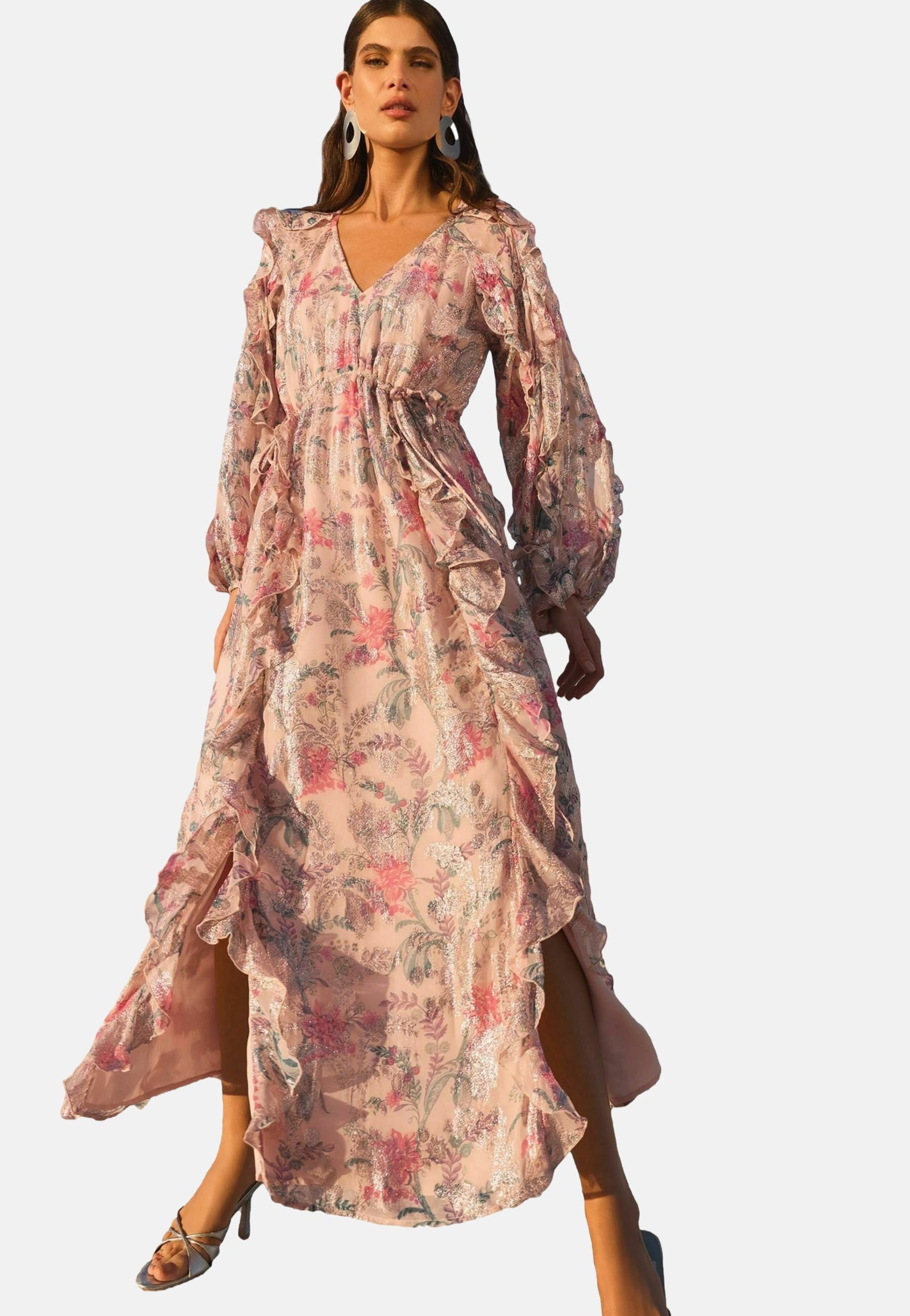 REGULAR FIT - PRINTED RUFFLE V-NECK - Robe longue - pink floral