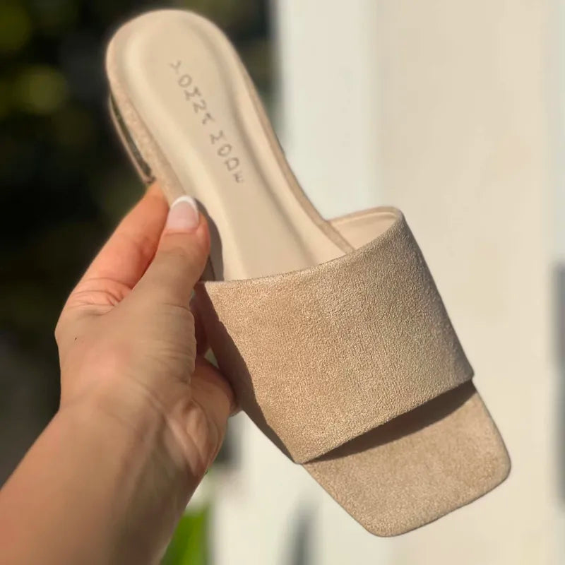 Mules Suédine Beige Crème à Talon Doré F2