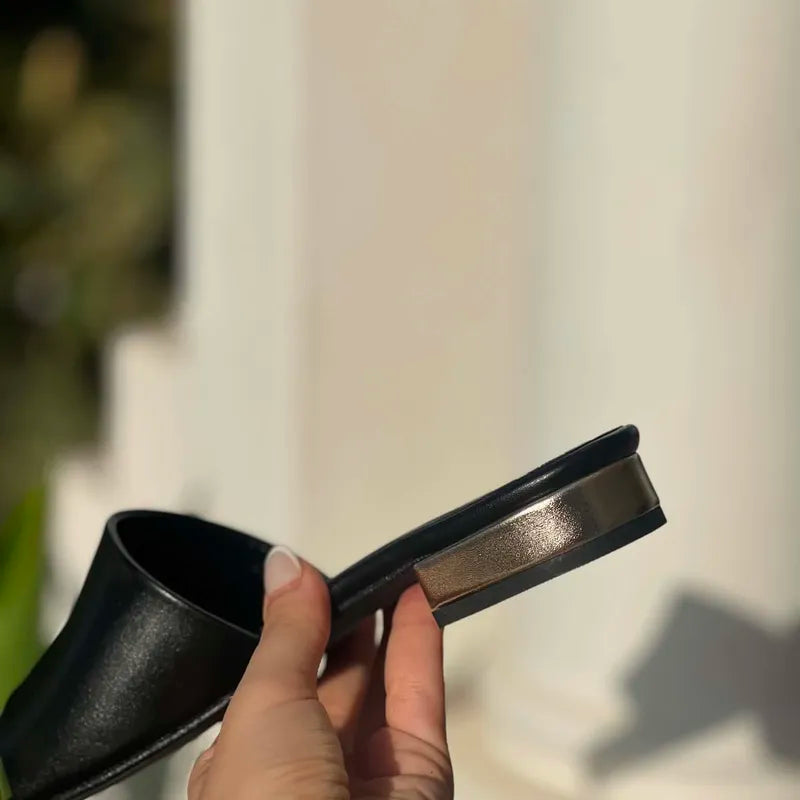 Mules Noires en Cuir Mat à Talon Doré F2