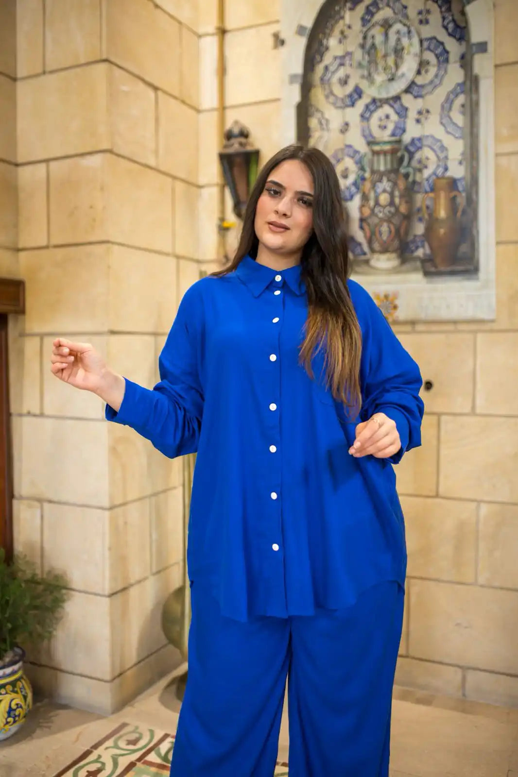 Pantalon Large en Mélange de Lin Bleu Électrique