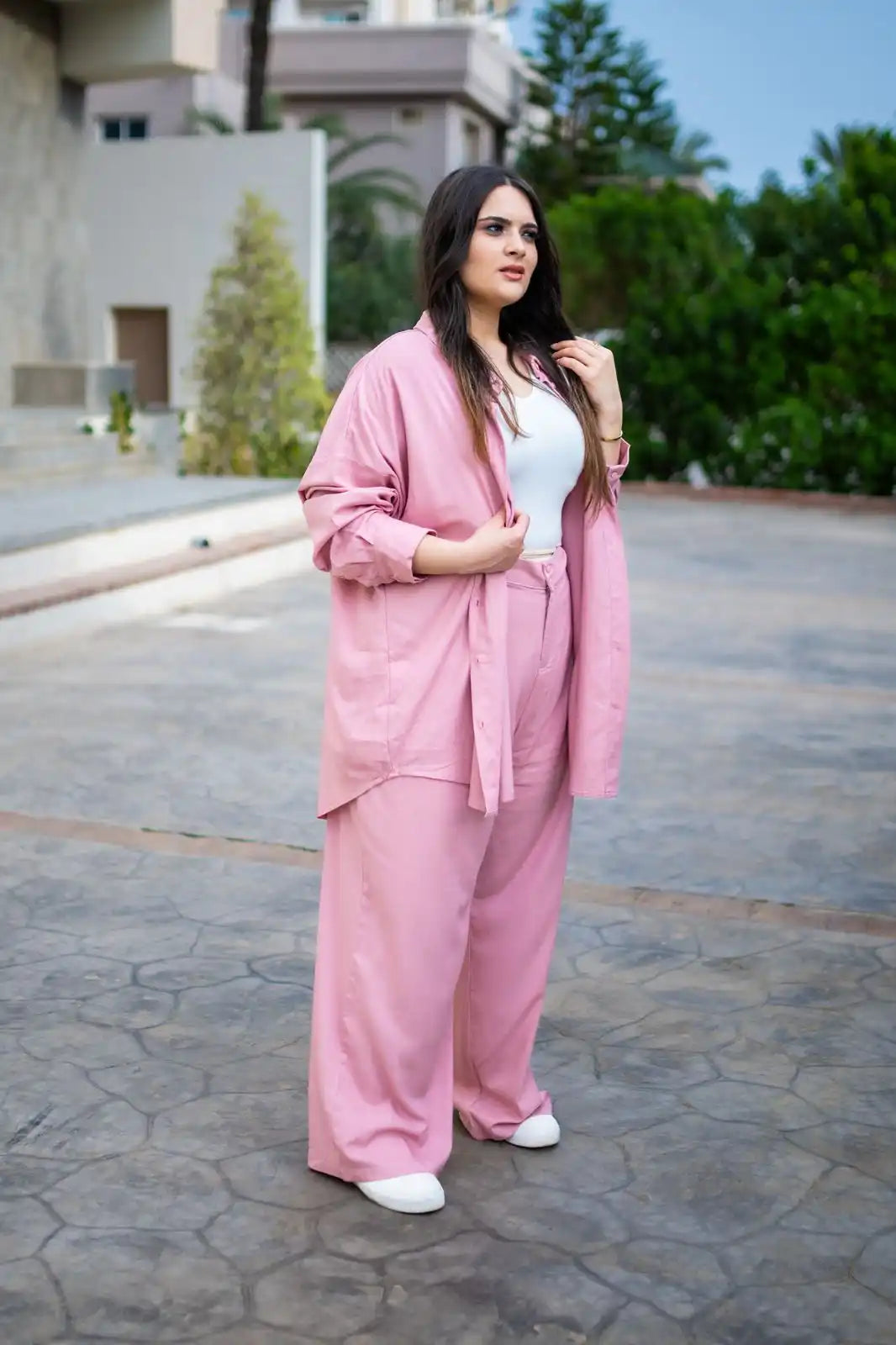 Pantalon Large en Mélange de Lin Rose