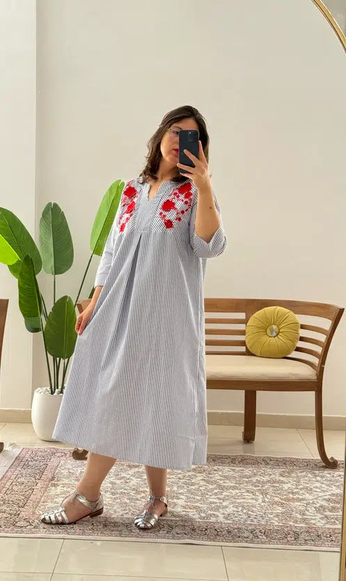 Robe en Popeline de Coton Rayée avec Broderie