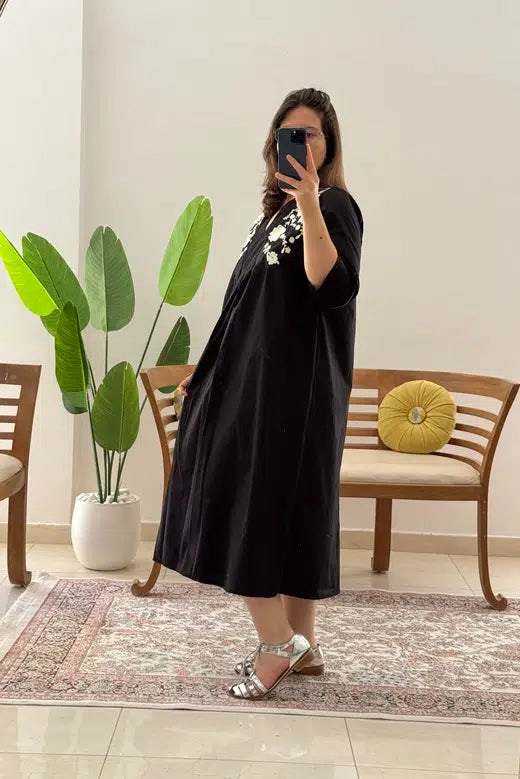 Robe en Popeline de Coton Noir avec Broderie