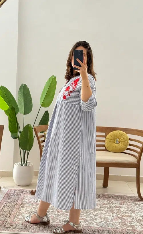 Robe en Popeline de Coton Rayée avec Broderie
