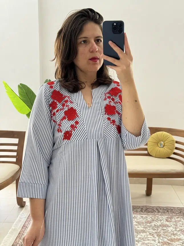 Robe en Popeline de Coton Rayée avec Broderie