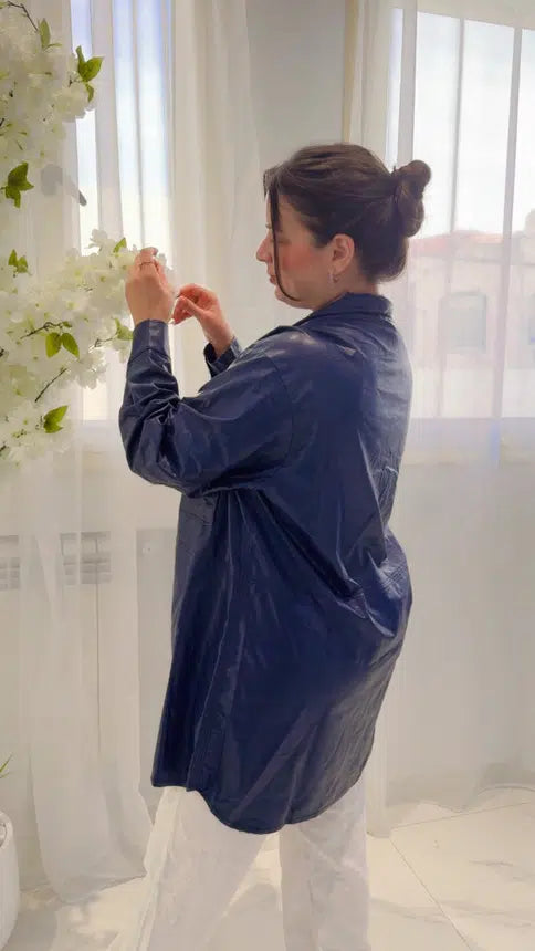 Veste Bleu Marine en Simili Cuir
