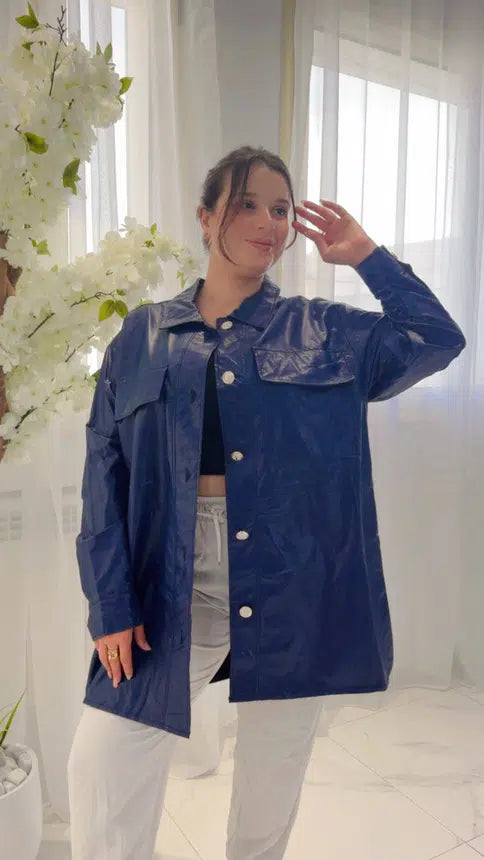 Veste Bleu Marine en Simili Cuir