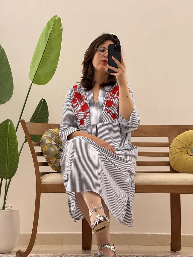Robe en Popeline de Coton Rayée avec Broderie