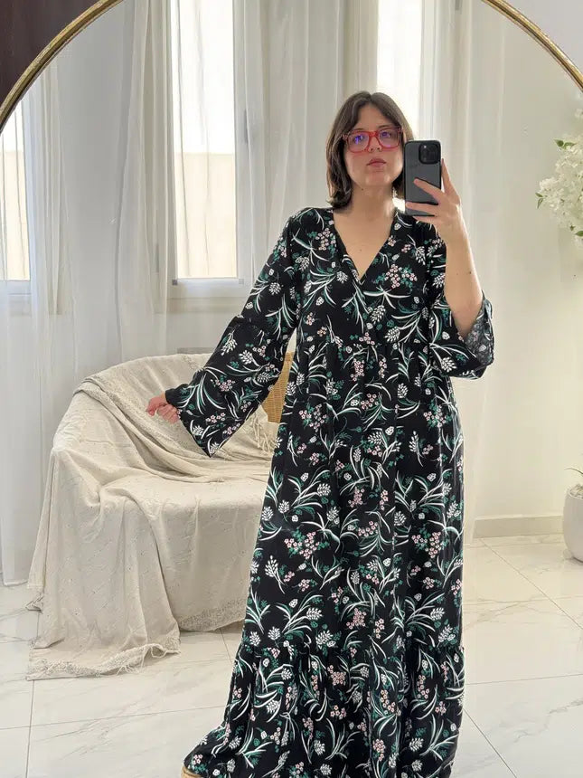 Robe en Fibranne Noire Imprimée