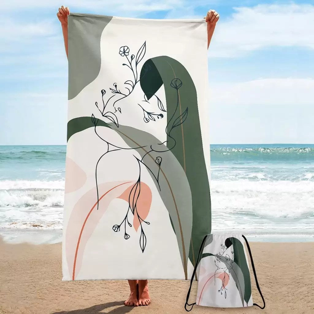 Serviette de Plage M Line Art Euca Leave Lady