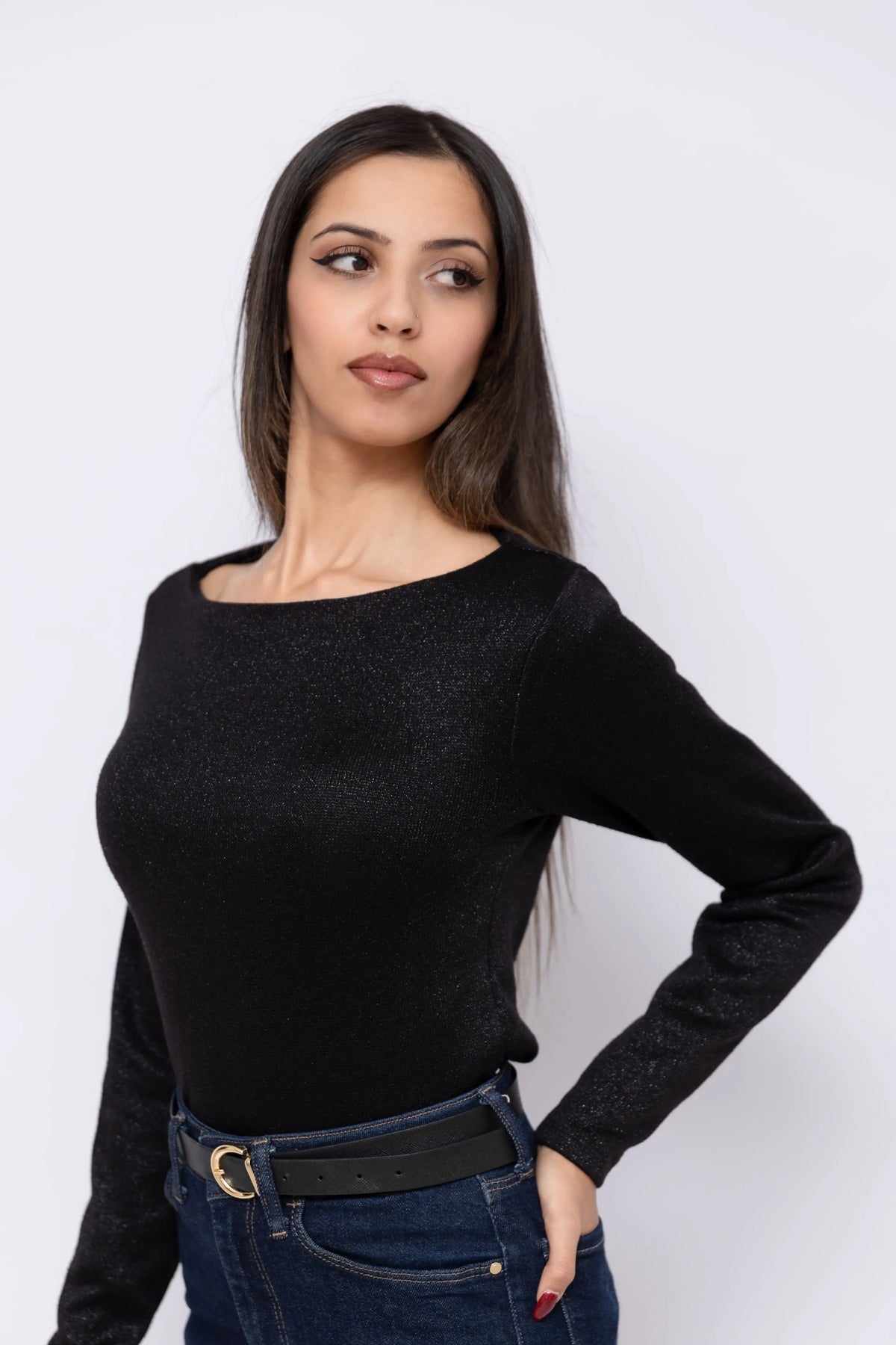 Pull GLAM en maille douce avec fil lamé – Col bateau