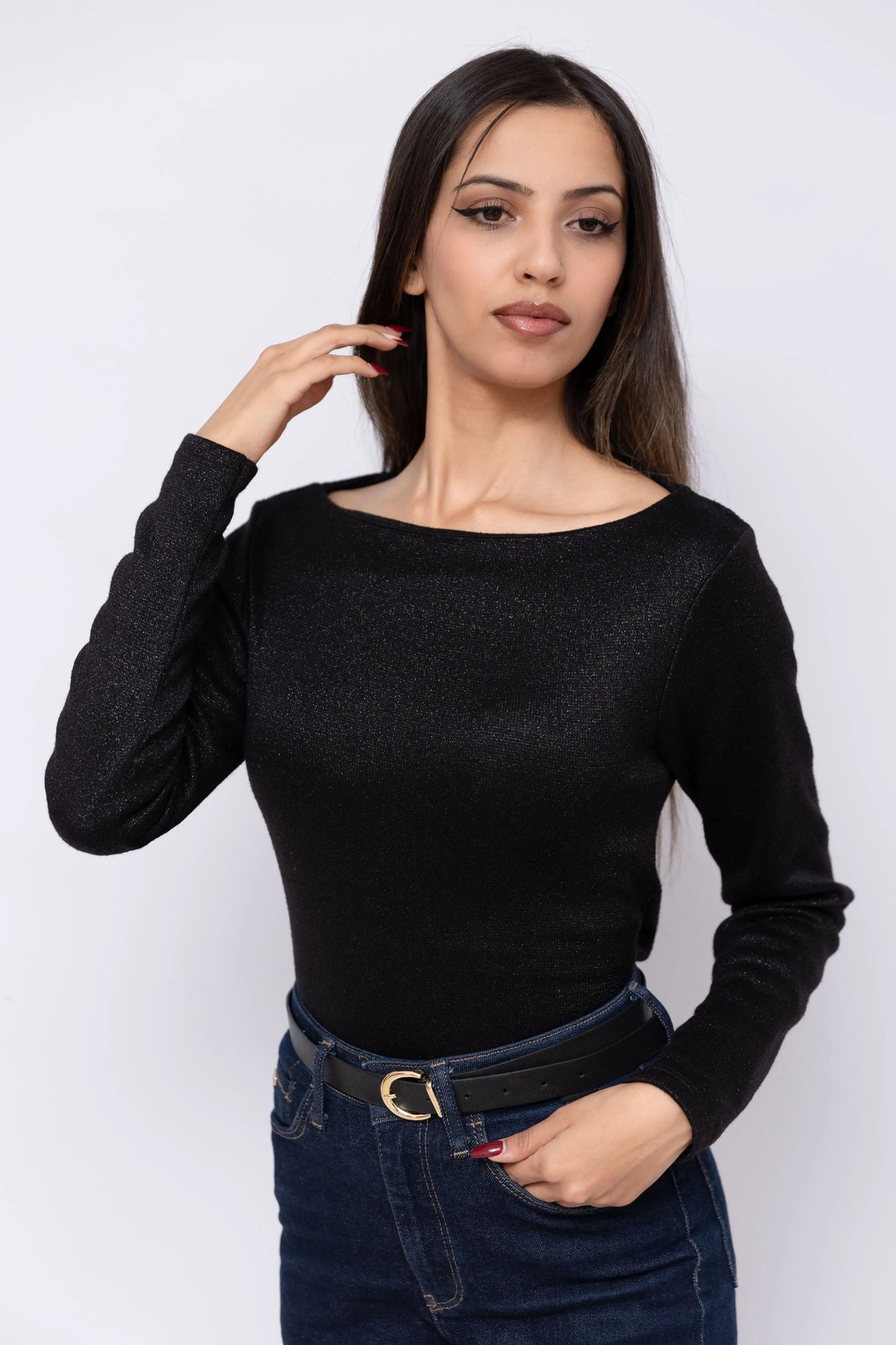 Pull GLAM en maille douce avec fil lamé – Col bateau