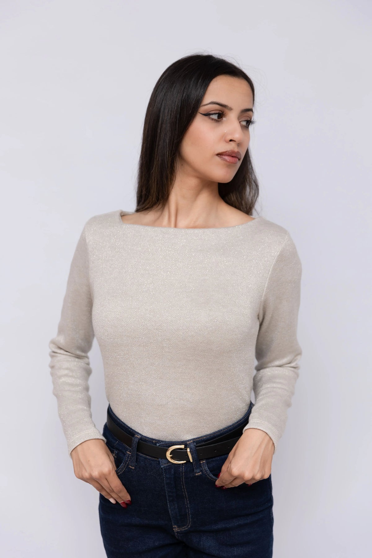 Pull GLAM en maille douce avec fil lamé – Col bateau