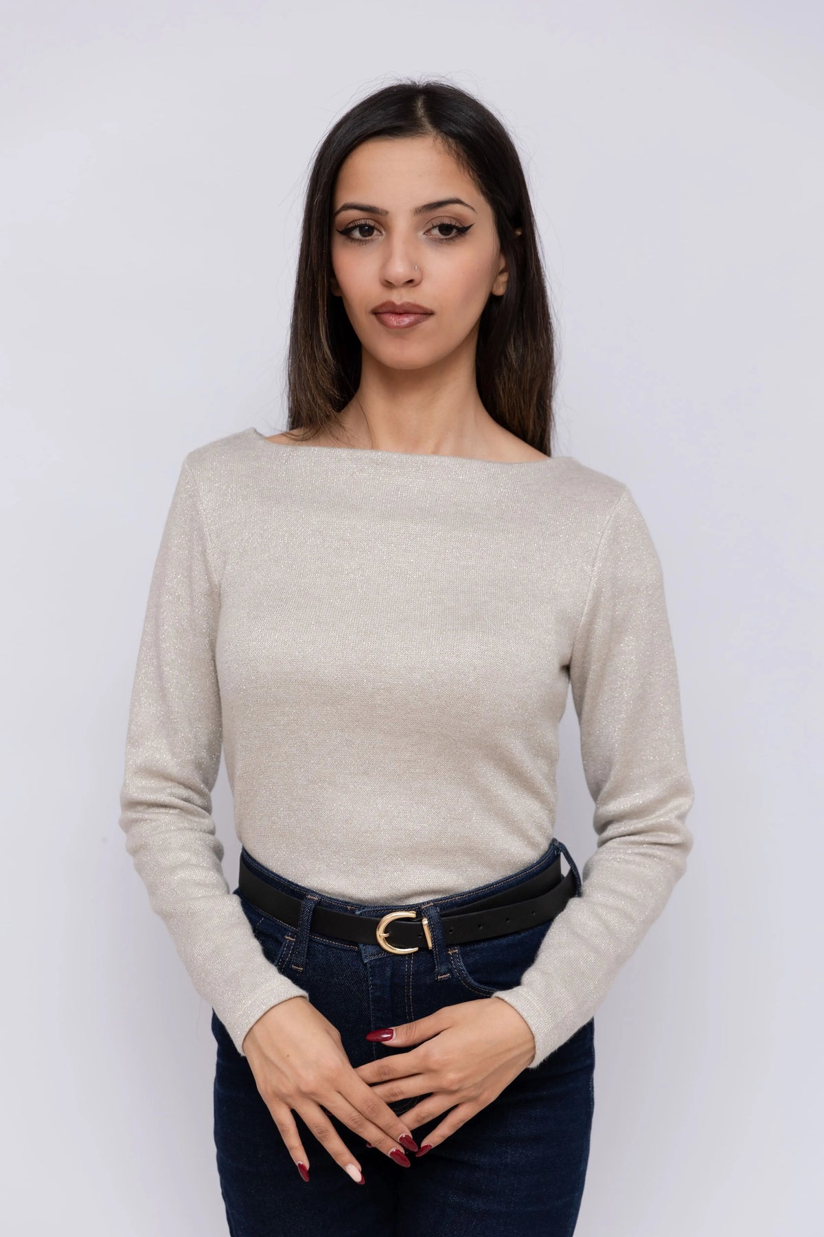 Pull GLAM en maille douce avec fil lamé – Col bateau