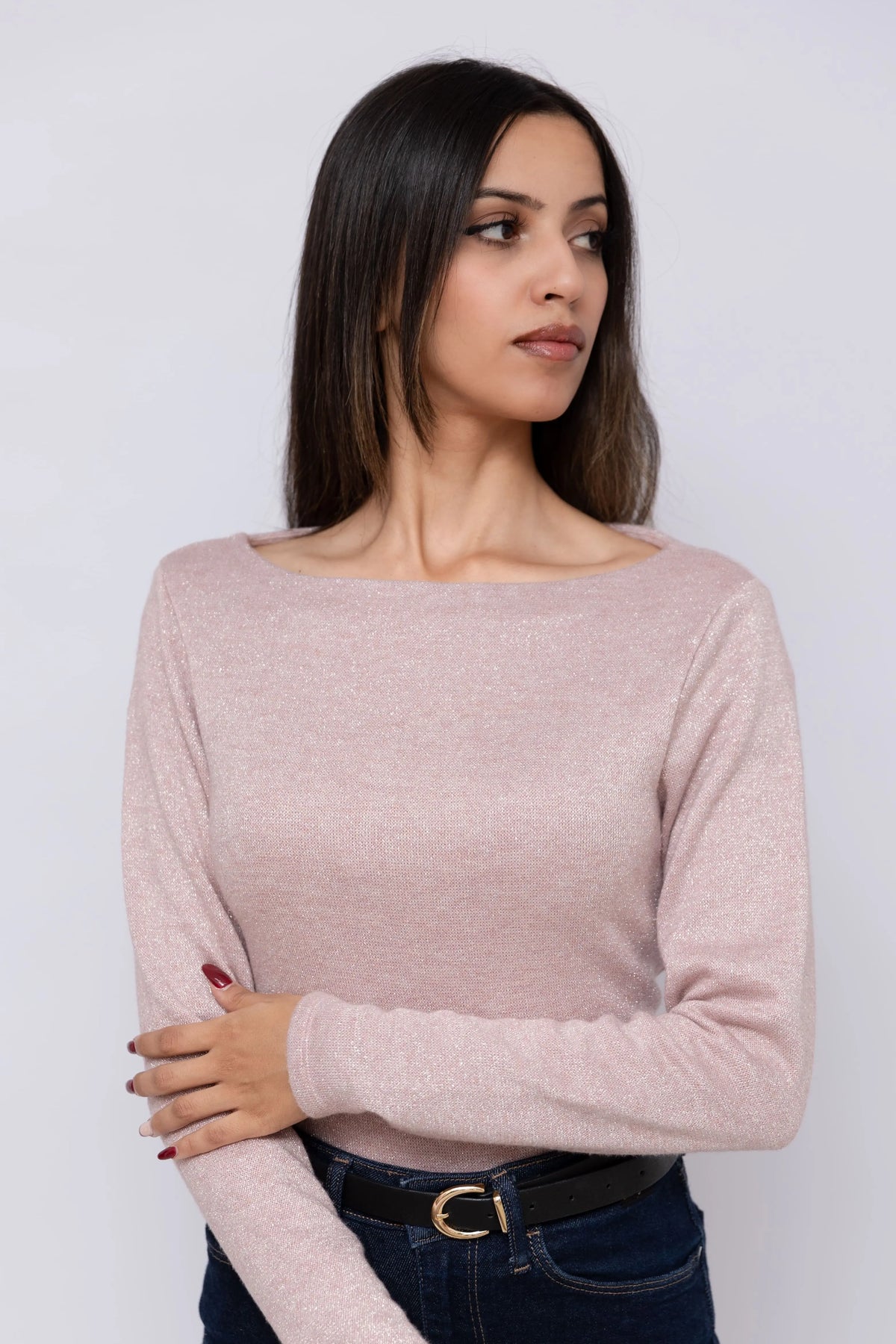 Pull GLAM en maille douce avec fil lamé – Col bateau