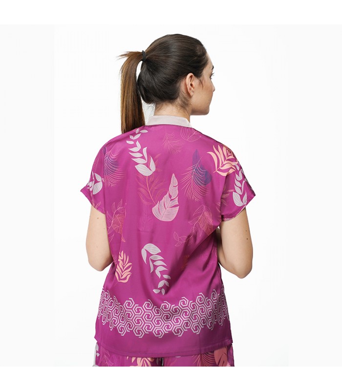 Haut de Pyjama Col Officier en Satin Plume Imprimé