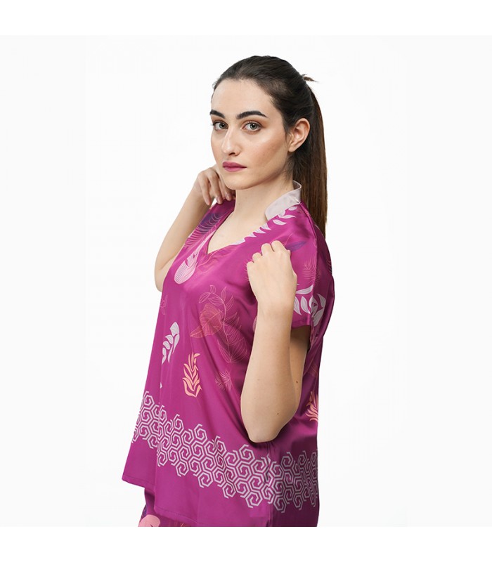 Haut de Pyjama Col Officier en Satin Plume Imprimé